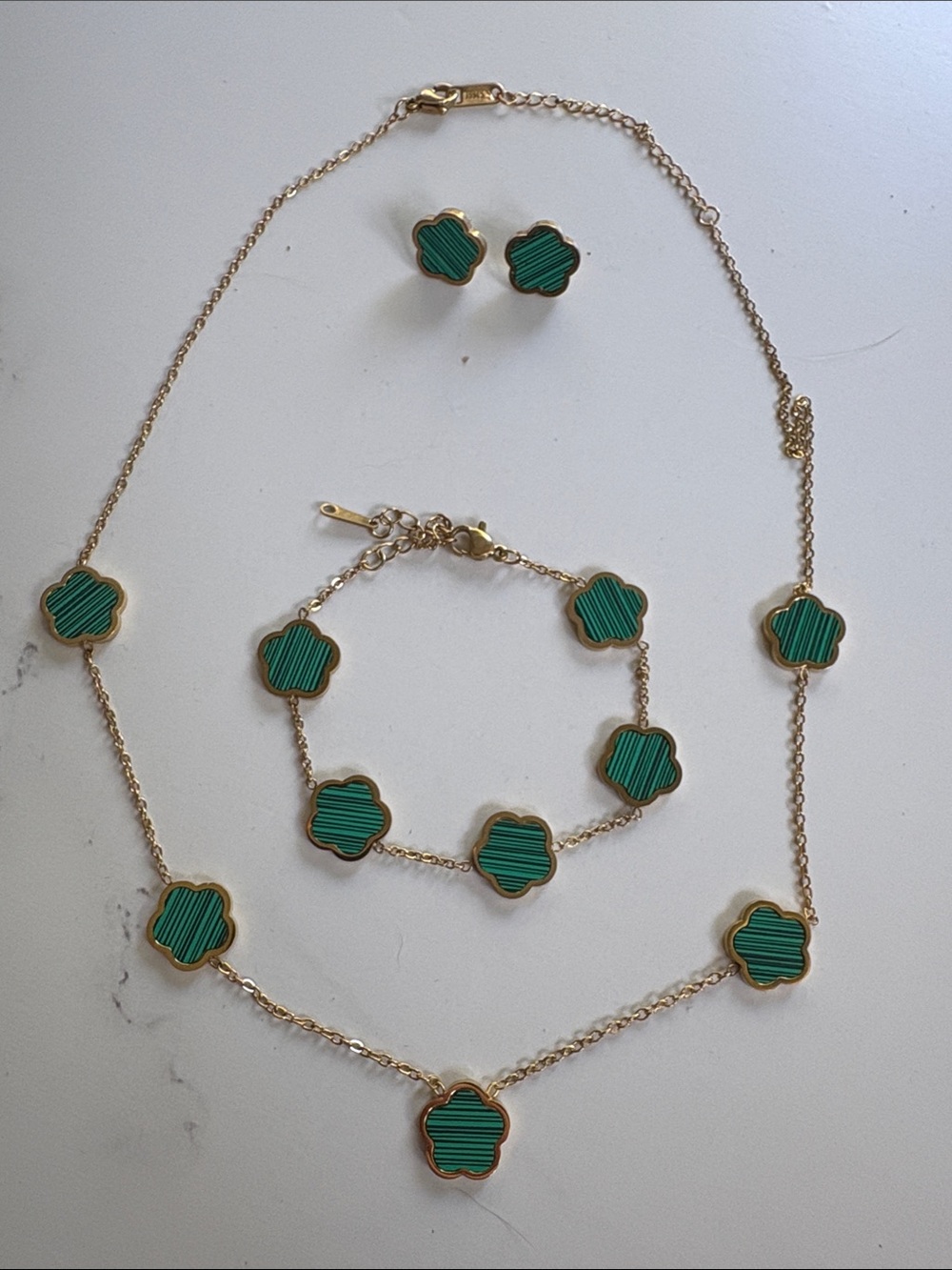 Green Clover Gold-Tone Necklace, Bracelet & Stud Earring Set